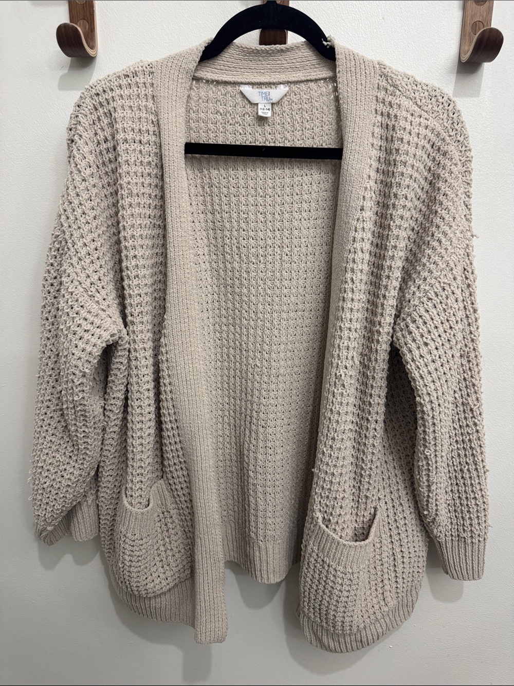 Time and Tru Light Beige Open-Front Waffle Cardigan